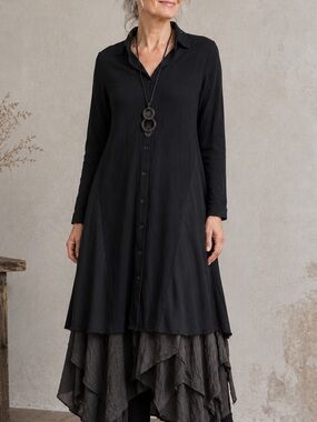 Rundholz Black Button-Front Collared Linen blend Tunic Top